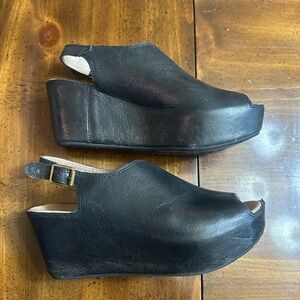 Chocolat Blu Black Peep-Toe Leather Wedges